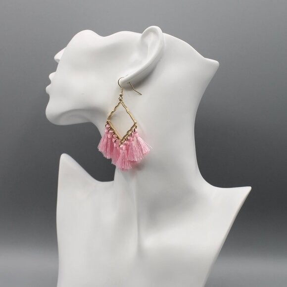 Jewelry earrings tassel statement drop dangle pink yellow gold tone boho new - Picture 8 of 8